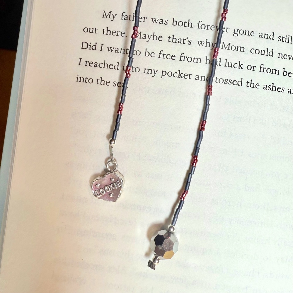 Hand Crafted Beaded Bookmark Metal Heart Cookie Charm Gunmetal & Pink Beads